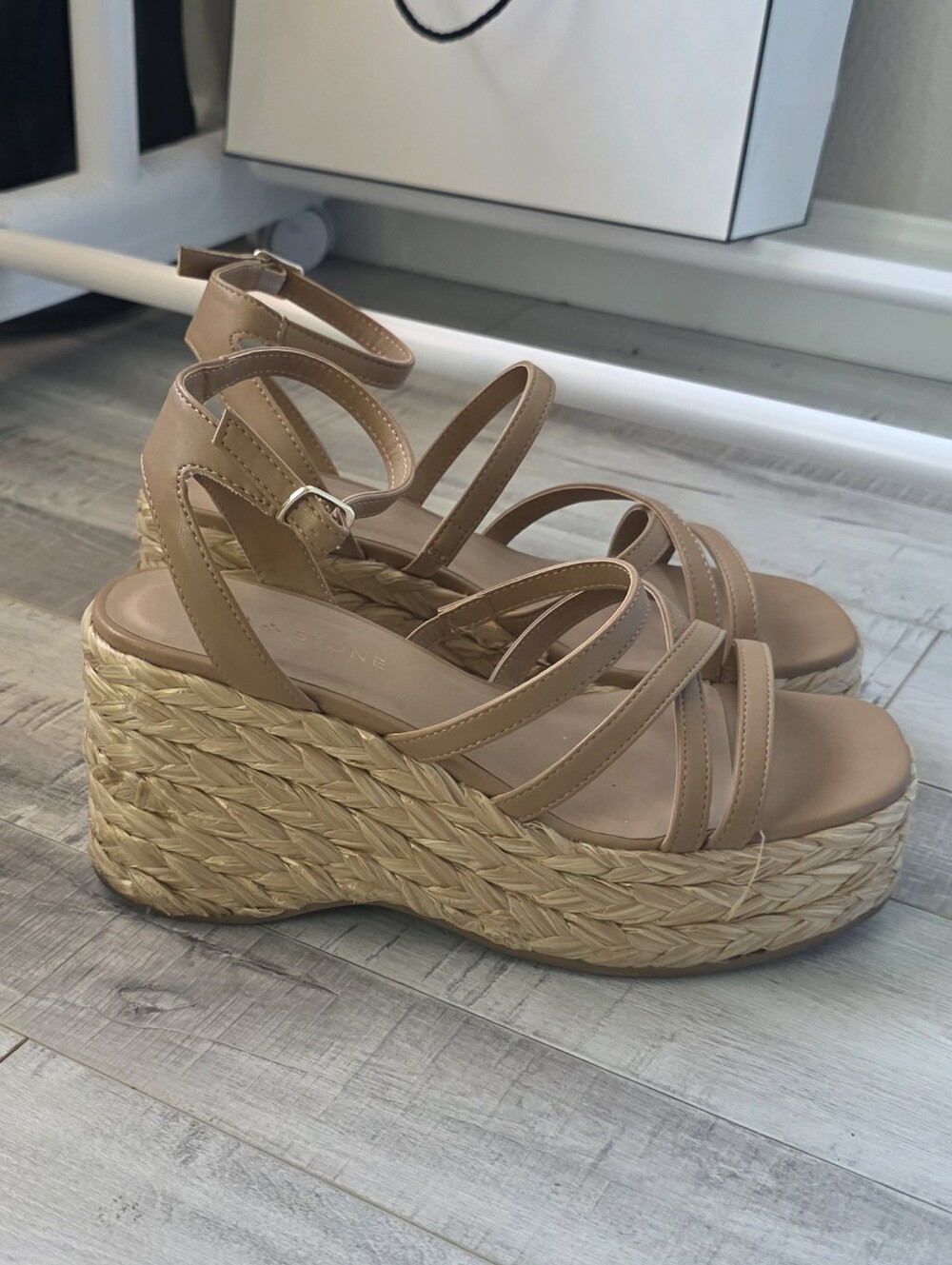 Sun + Stone Tan Strappy Wedge Sandals with Braided Platform - Picture 2 of 7